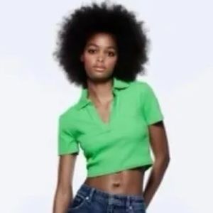 Zara Green Ribbed Short Sleeve Cropped Polo Size Large